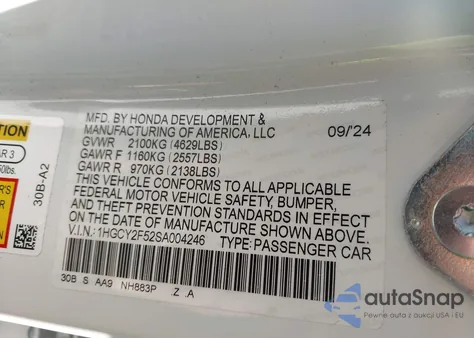 2025 Honda Accord Hybrid Sport z USA, uszkodzony, nr VIN 1HGCY2F52SA004246